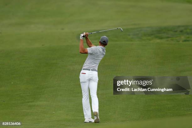 Stephen Curry plays a shot on the fifth fairway during round two of the Ellie Mae Classic at TCP Stonebrae on August 4, 2017 in Hayward, California.