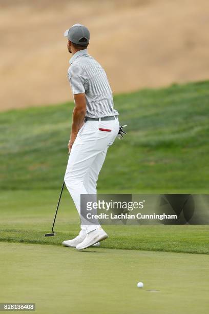 Stephen Curry reacts to a missed putt on the fifth green during round two of the Ellie Mae Classic at TCP Stonebrae on August 4, 2017 in Hayward,...