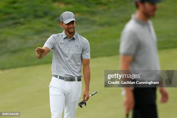 Stephen Curry reacts to a missed putt on the sixth green during round two of the Ellie Mae Classic at TCP Stonebrae on August 4, 2017 in Hayward,...