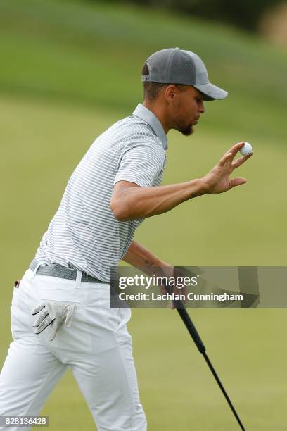 Stephen Curry acknowledges the fans on the sixth green during round two of the Ellie Mae Classic at TCP Stonebrae on August 4, 2017 in Hayward,...