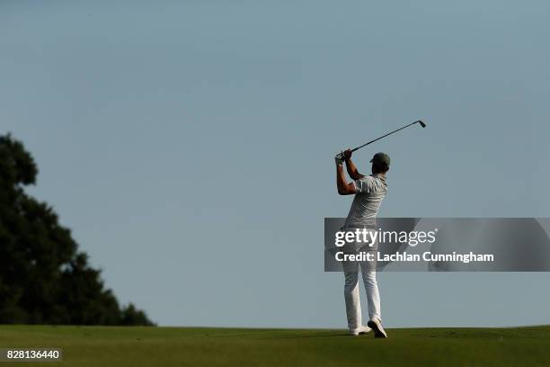 Stephen Curry plays a shot from the thirteenth fairway during round two of the Ellie Mae Classic at TCP Stonebrae on August 4, 2017 in Hayward,...