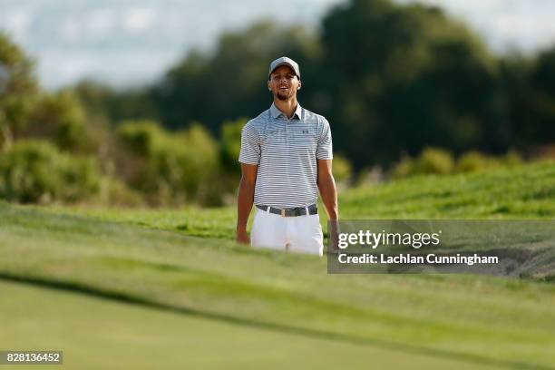 Stephen Curry plays a shot out of a bunker of the fifteenth hole during round two of the Ellie Mae Classic at TCP Stonebrae on August 4, 2017 in...