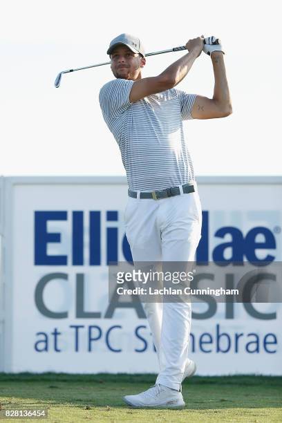 Stephen Curry tees off at the sixteenth hole during round two of the Ellie Mae Classic at TCP Stonebrae on August 4, 2017 in Hayward, California.