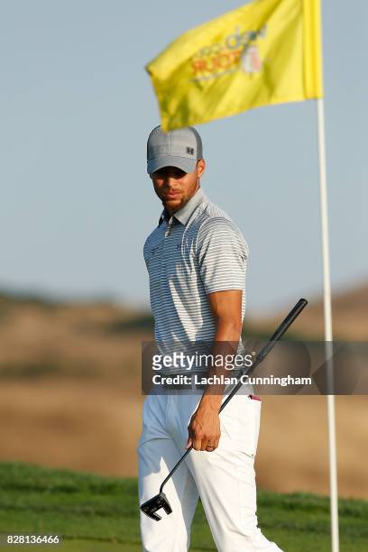 Stephen Curry looks on from the sixteenth green during round two of the Ellie Mae Classic at TCP Stonebrae on August 4, 2017 in Hayward, California.