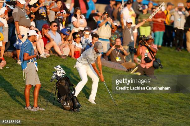 Stephen Curry plays a shot to the eighteenth green during round two of the Ellie Mae Classic at TCP Stonebrae on August 4, 2017 in Hayward,...