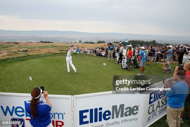 Stephen Curry plays his tee shot off the first tee during round two of the Ellie Mae Classic at TCP Stonebrae on August 4, 2017 in Hayward,...