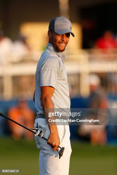 Stephen Curry reacts after scoring a bogey on the eighteenth hole during round two of the Ellie Mae Classic at TCP Stonebrae on August 4, 2017 in...