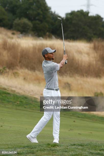 Stephen Curry plays a shot on the first hole during round two of the Ellie Mae Classic at TCP Stonebrae on August 4, 2017 in Hayward, California.