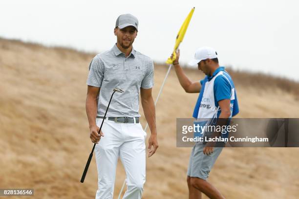 Stephen Curry walks off the green at the first hole during round two of the Ellie Mae Classic at TCP Stonebrae on August 4, 2017 in Hayward,...