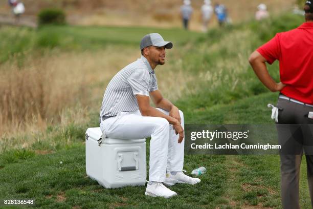 Stephen Curry waits to tee off on the second hole during round two of the Ellie Mae Classic at TCP Stonebrae on August 4, 2017 in Hayward, California.