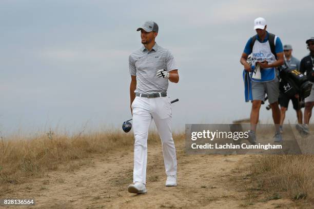 Stephen Curry walks from the tee box on the third hole during round two of the Ellie Mae Classic at TCP Stonebrae on August 4, 2017 in Hayward,...