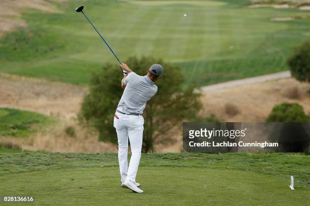 Stephen Curry tees off on the eleventh hole during round two of the Ellie Mae Classic at TCP Stonebrae on August 4, 2017 in Hayward, California.