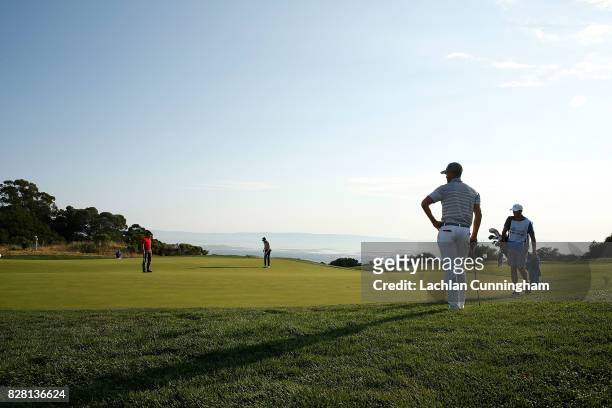 Stephen Curry looks on as his playing partners putt on the fifteenth green during round two of the Ellie Mae Classic at TCP Stonebrae on August 4,...