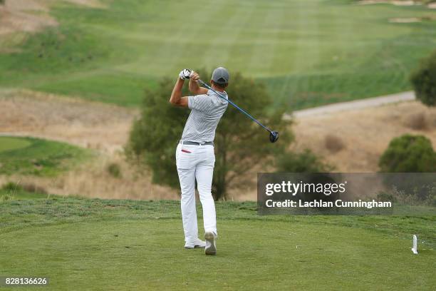 Stephen Curry tees off on the eleventh hole during round two of the Ellie Mae Classic at TCP Stonebrae on August 4, 2017 in Hayward, California.