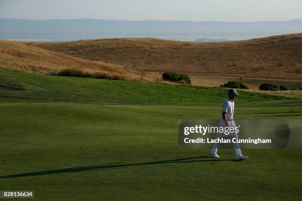 Stephen Curry walks up the fifteenth fairway during round two of the Ellie Mae Classic at TCP Stonebrae on August 4, 2017 in Hayward, California.