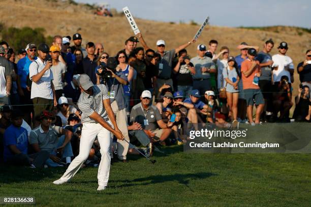 Stephen Curry chips from off the sixteenth green during round two of the Ellie Mae Classic at TCP Stonebrae on August 4, 2017 in Hayward, California.