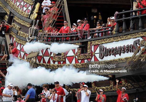 The pirate ship of the Tampa Bay Buccaneers celebrates a score with canon fire against the Atlanta Falcons at Raymond James Stadium on September 14,...