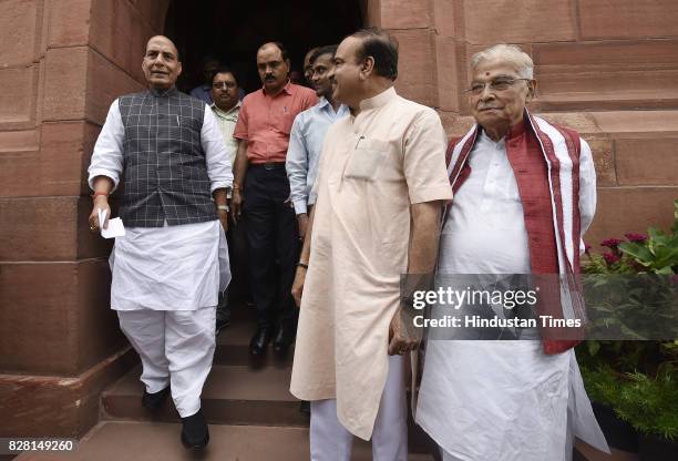 Senior BJP leaders Murli Manohar Joshi, Home Minister Rajnath Singh and Ananth Kumar seen leaving after the Monsoon Session at Parliament House on...