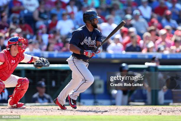 Danny Santana of the Atlanta Braves bats during the game against the Philadelphia Phillies at Citizens Bank Park on July 30, 2017 in Philadelphia,...