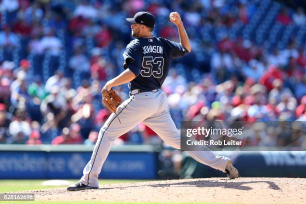 Jim Johnson of the Atlanta Braves pitches during the game against the Philadelphia Phillies at Citizens Bank Park on July 30, 2017 in Philadelphia,...