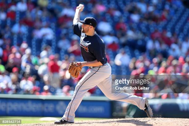 Jim Johnson of the Atlanta Braves pitches during the game against the Philadelphia Phillies at Citizens Bank Park on July 30, 2017 in Philadelphia,...