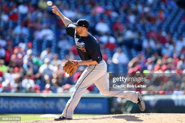 Jim Johnson of the Atlanta Braves pitches during the game against the Philadelphia Phillies at Citizens Bank Park on July 30, 2017 in Philadelphia,...