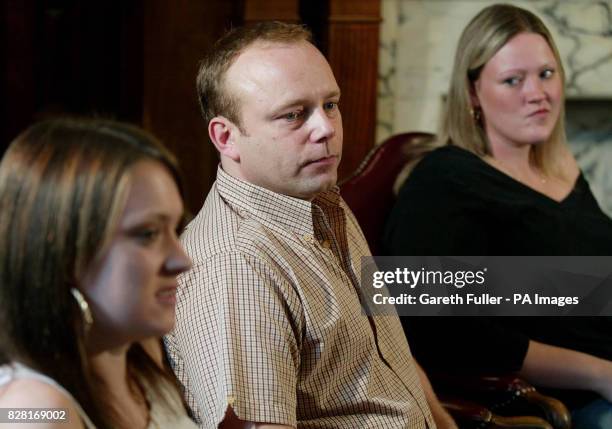 Paul Bowman, father of murdered teenager Sally-Anne Bowman accompanied by her sisters Nicole and Danielle Chiddy during a press conference at Croydon...