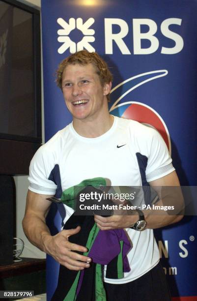 Josh Lewsey, England and Lions Rugby star, at a press conference after taking part in a training session with the Weybridge Vandals Rugby Club,...