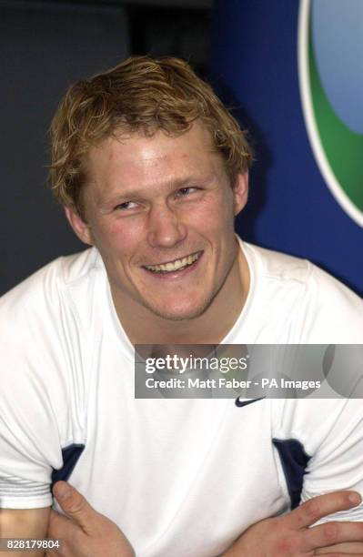 Josh Lewsey, England and Lions Rugby star, at a press conference after taking part in a training session with the Weybridge Vandals Rugby Club,...