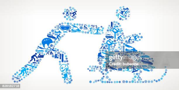 man pushing a man on a sledge winter sports fun - christmas bunting stock illustrations