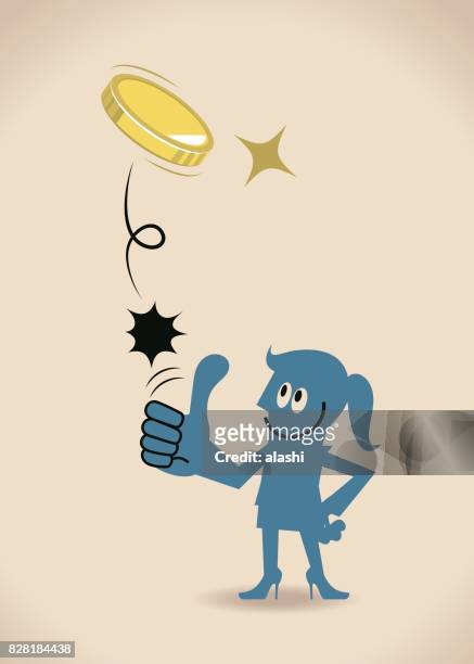 businesswoman (woman, girl) flipping a coin (toss up gold currency), thumbs up gesturing, hand on hip - flipping a coin stock illustrations