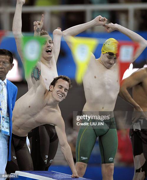 Matthew Cowdrey , Rick Pendleton , Peter Leek of Australia celebrates after winning the men's 4x100m medley 34 PTS final during the 2008 Beijing...