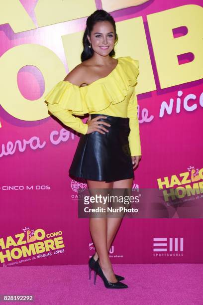 Actress Jessica Decote is seen during the pink carpet to promote the latest film 'Hazlo Como Hombre' at Cinepolis Plaza Oasis Coyoacan on August 08,...