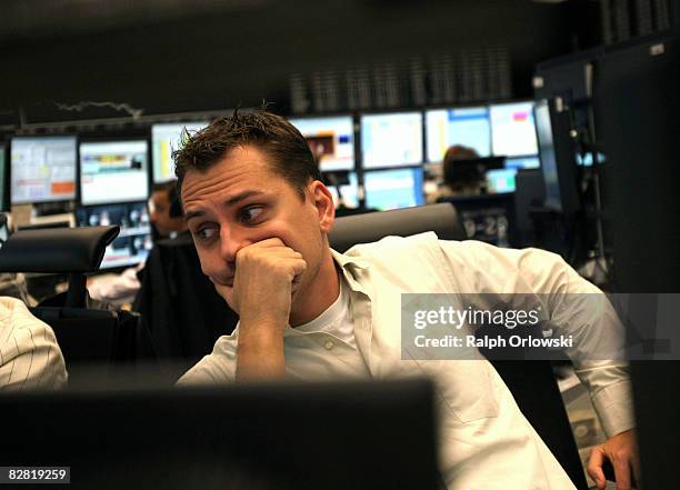 Trader looks on during a trading session on the trading floor at Frankfurt stock exchange on September 15, 2008 in Frankfurt, Germany. Due to...