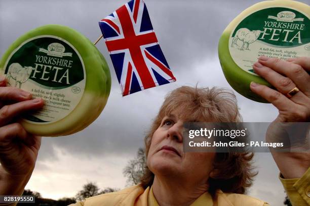 The founder of Shepherds Purse Cheeses Judy Bell, holds up Yorkshire Feta, Tuesday 25 October 2005. The European Union Courts today sent out a...