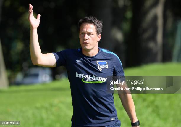 Fitnesstrainer Henrik Kuchno of Hertha BSC gives instructions during the training on august 9, 2017 in Berlin, Germany.