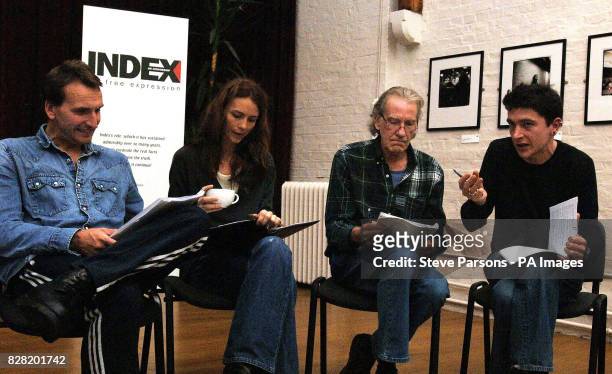 Actors Christopher Eccleston , Saffron Burrows and David Warner, with Director Gari Jones , prepare for the forthcoming production of 'Night Sky'...