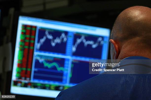 Trader works on the floor of the New York Stock Exchange September 15, 2008 in New York City. In morning trading, U.S. Stocks suffered a steep loss...