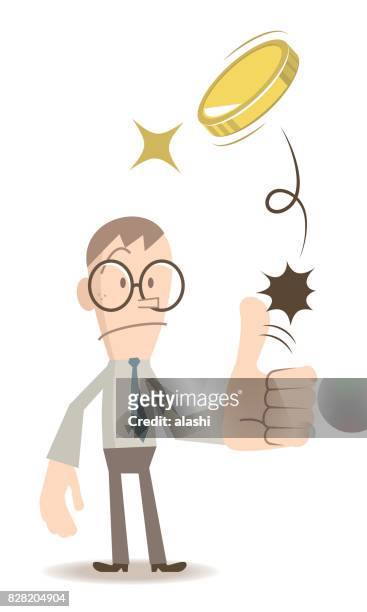 businessman (man, student, teacher) standing flipping a coin (toss up gold currency), thumbs up gesturing - flipping a coin stock illustrations