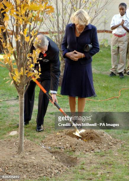 The Prince of Wales helps to plant a tree watched by his wife the Duchess of Cornwall, after they toured the Seed School on the outskirts of...