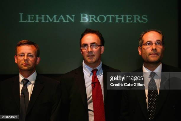 Administrators Steven Pearson, Tony Lomas, the leading administrator, and Dan Schwarzmann, from Price Waterhouse Coopers, speak to reporters during a...