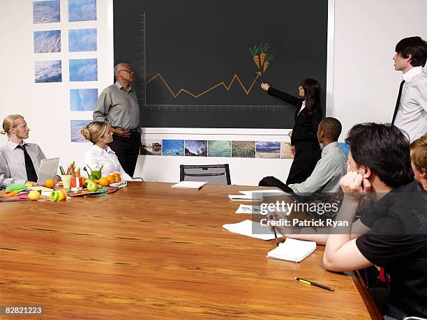 woman pointing at growth chart of carrots - executive board meeting stock pictures, royalty-free photos & images