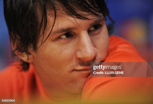 Barcelona's Argentinian Leo Messi looks on during a press conference at the Camp Nou stadium in Barcelona, on September 15, 2008 on the eve of their...