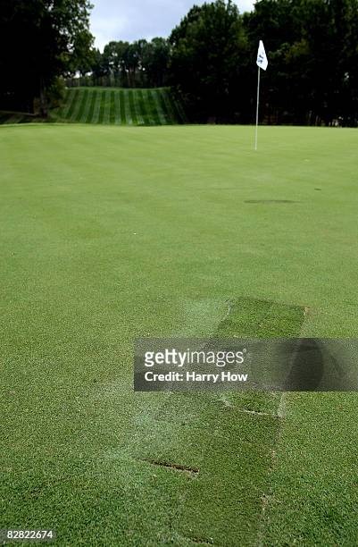 Repaired green is shown on the 12th hole prior to the 2008 Ryder Cup at Valhalla Golf Club of September 15, 2008 in Louisville, Kentucky.