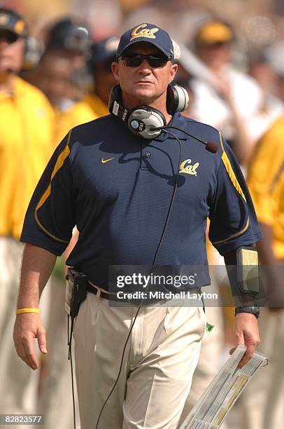 Jeff Tedford, head coach of the California Golden Eagles, during a college football game against the Maryland Terrapins the at Byrd Stadium on...