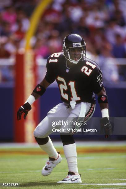 Deion Sanders of the Atlanta Falcons during a NFL football game against the Washington Redskins on September 13, 1992 at RFK Stadium in Washington...