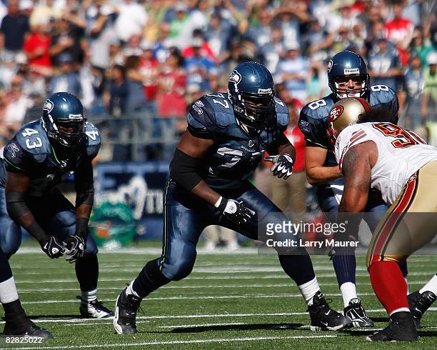 Floyd Womack of the Seattle Seahawks blocks for the offense against the San Francisco 49ers at Qwest Field on September 14, 2008 in Seattle,...