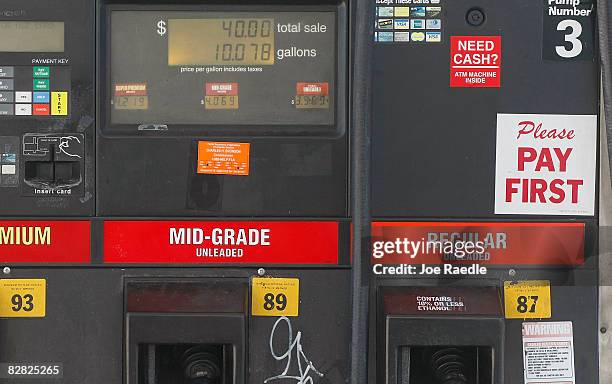 Gas pump shows the cost of fuel September 15, 2008 in Miami, Florida. Gasoline prices rose nearly 5 cents a gallon Monday, bringing the total...