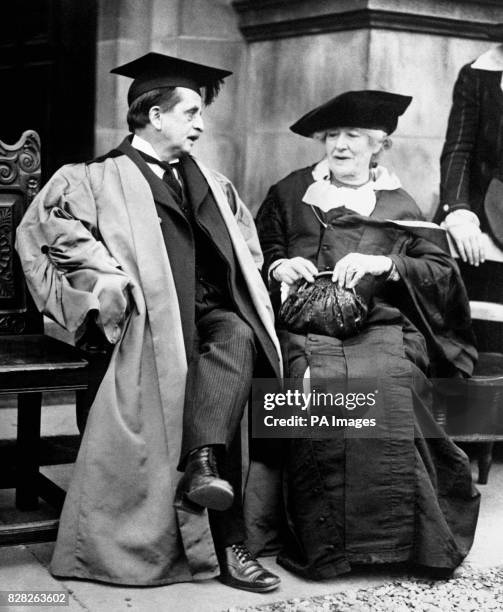 Scottish writer and creator of 'Peter Pan', Sir James Matthew Barrie with British actress Ellen Terry at St.Andrews University to receive honorary...