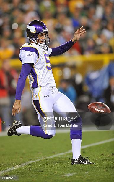 Chris Kluwe of the Minnesota Vikings punts the ball during an NFL game against the Green Bay Packers at Lambeau Field, on September 8, 2008 in Green...